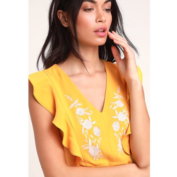 Lulu’s Yellow Embroidered Dress Skater Mini Dress - Picture 3 of 7